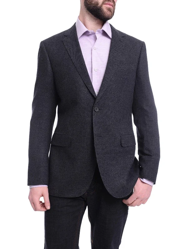 Practical Men's Machine-Washable SuitsNapoli Slim Fit Navy Blue Houndstooth Half Canvassed Zegna Wool Blazer Sportcoat