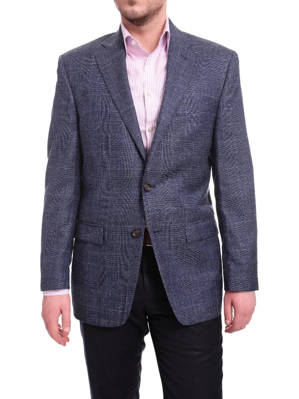 Men's Suits with Three-Button JacketsRalph Lauren Classic Fit Blue Plaid Two Button Wool Silk Blend Blazer Sportcoat