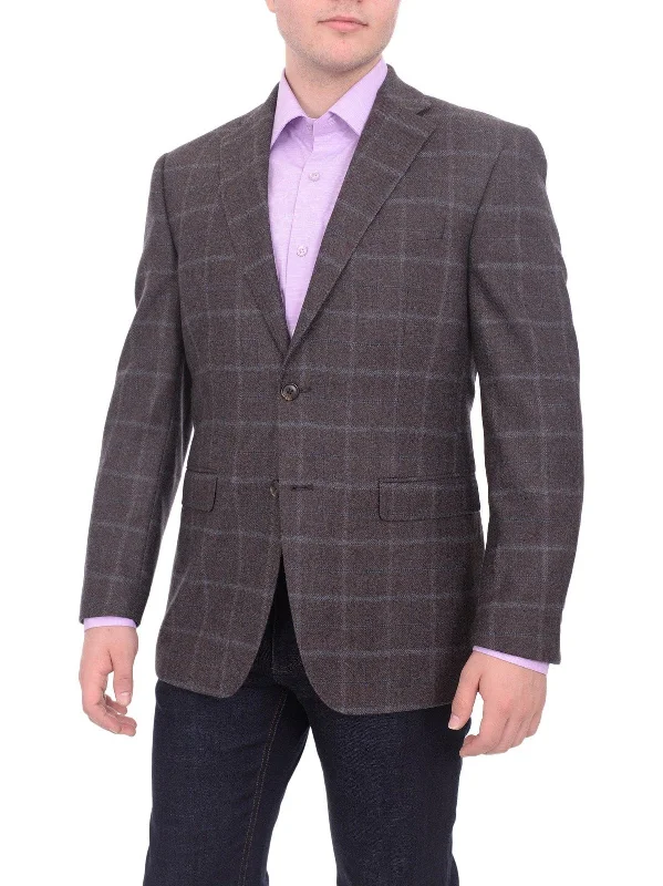 Men's Suits with Belt LoopsI Uomo Regular Fit Men's Brown & Blue Plaid Two Button Wool Blazer Sportcoat