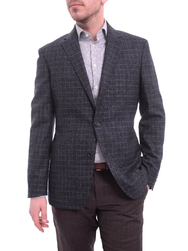 Men's Suits with Structured JacketsZanetti Modern Fit Navy Blue Glen Plaid Blazer Sportcoat With Patch Pockets