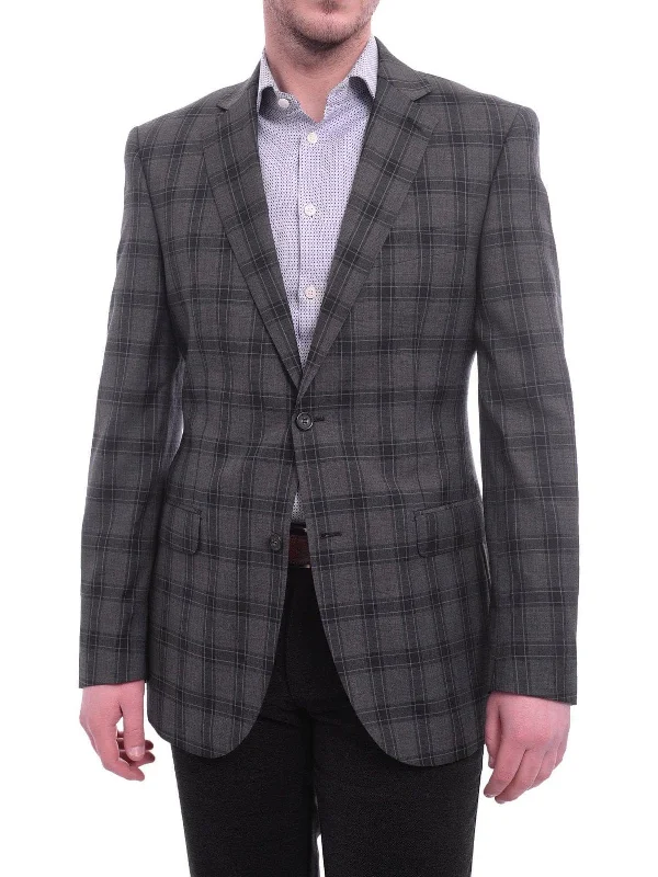 Men's Suits for Cultural FestivalsZanetti Modern Fit Charcoal Gray Windowpane Two Button Wool Blazer Sportcoat