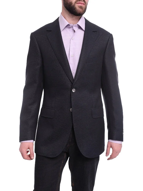 Men's Suits for Corporate SettingsNapoli Slim Fit Navy Textured Half Canvassed Wool Silk Linen Blazer Sportcoat