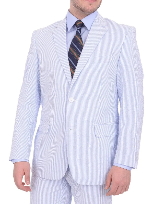 Men's Suits with Tweed FabricsEmigre Classic Fit Blue Seersucker Blazer