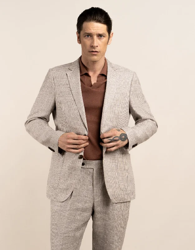 Men's Suits with Shawl LapelsMalta Beige Houndstooth Linen Blazer