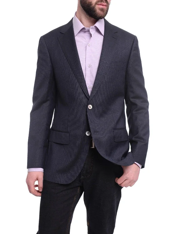 Men's Suits with Linen-Blend FabricsNapoli Classic Fit Navy Blue Basket Weave Half Canvassed Reda Wool Blazer