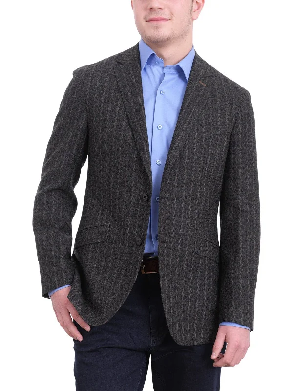 Cool Men's Modern SuitsNapoli Gray Brown Striped Flannel Half Canvassed Wool Sportcoat Elbow Patches