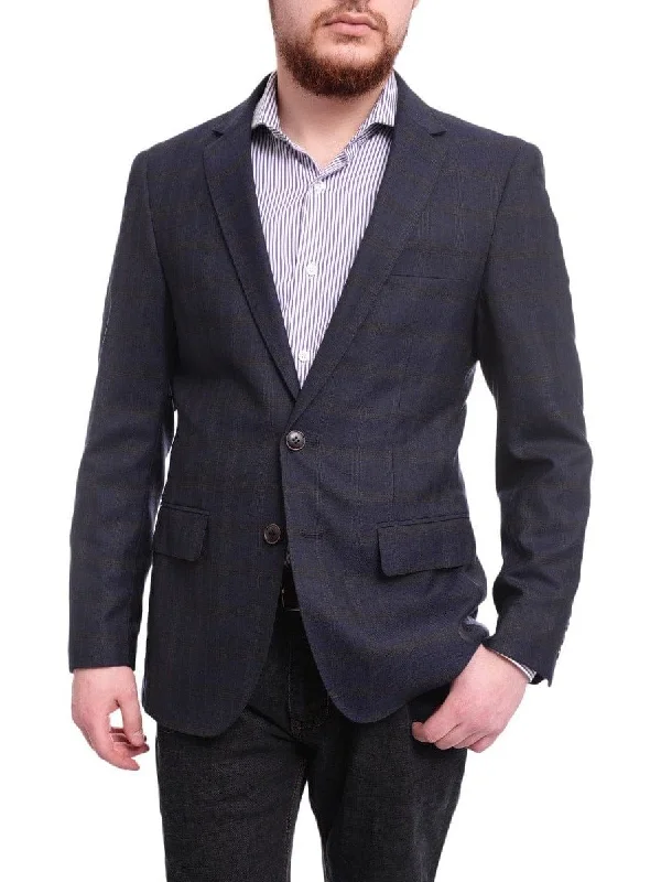 Men's Suits with Plastic ButtonsArthur Black Extra Slim Fit Navy Blue With Brown Plaid Wool Blazer Sportcoat