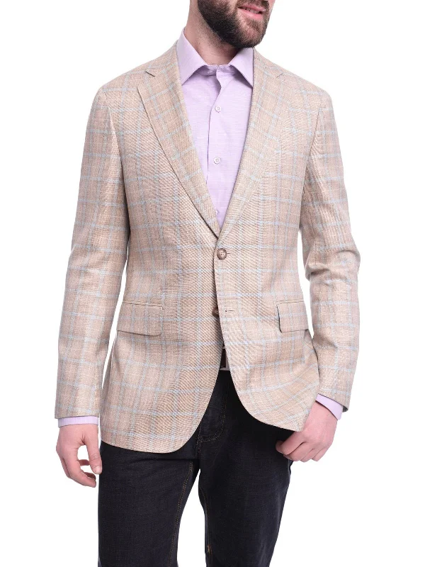 High-Quality Men's Custom SuitsNapoli Slim Fit Tan Stepweave Blue Windowpane Half Canvassed Silk Wool Blazer