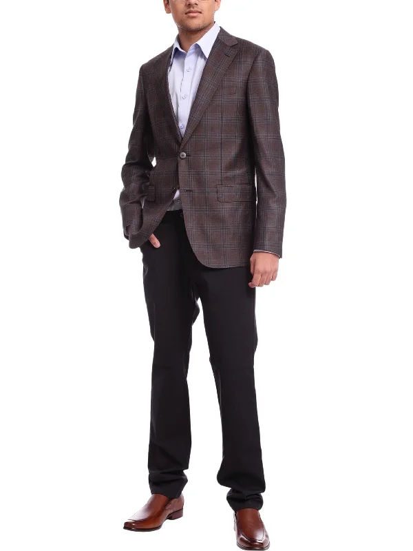 Versatile Men's Black Tie SuitsNapoli Slim Fit Brown & Blue Plaid Half Canvassed Reda Wool Blazer Sportcoat