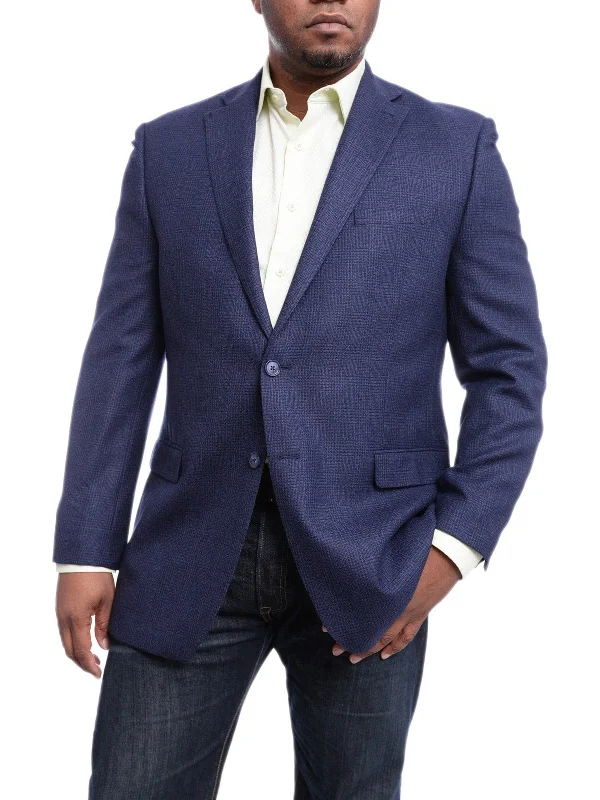 Trendy Men's Patterned SuitsI Uomo Classic Fit Navy Blue Glen Plaid Flannel Wool Blazer Sportcoat