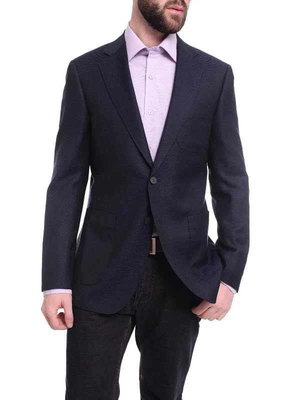 Men's Suits for Financial ServicesNapoli Slim Fit Blue Textured Two Button Half Canvassed Wool Blazer Sportcoat