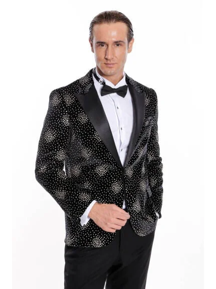 Functional Men's Travel SuitsWessi Mens Black & Gold Dot Pattern Slim Fit Tuxedo Prom Jacket With Peak Lapels