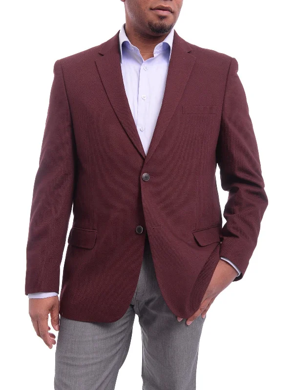 Men's Suits with Phone PocketsCaravelli Classic Fit Hopsack Weave Burgundy Two Button Stretch Blazer Sportcoat