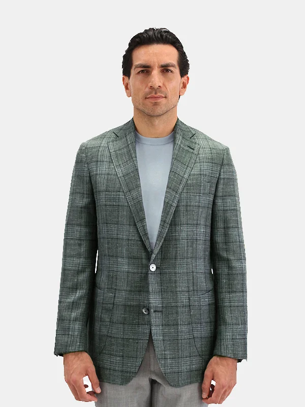 Men's Suits with Ticket PocketsLago Blazer Wool Silk & Linen Check Mid Green