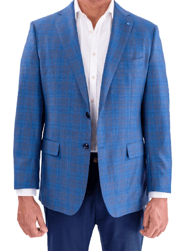 Comfortable Men's Stretch SuitsBlujacket Mens Blue Plaid Regular Fit Reda Wool Blazer Sportcoat