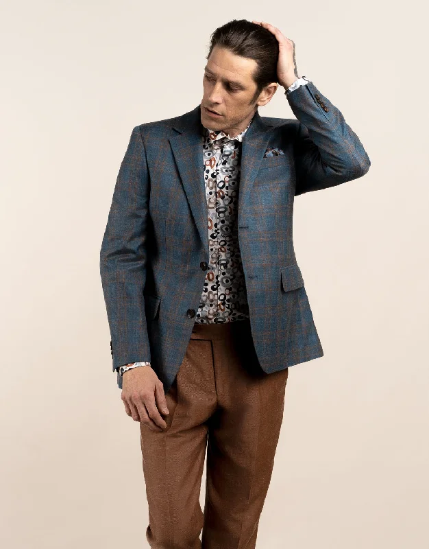 Men's Suits with Flap PocketsHawker Teal Blue and Brown Check Blazer