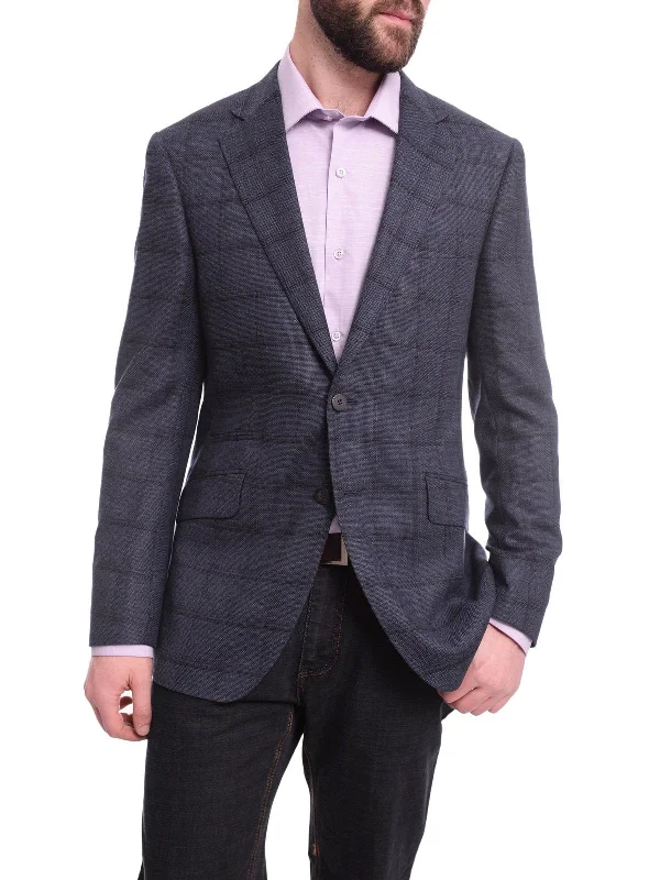 Men's Suits with Wool-Blend FabricsNapoli Slim Fit Blue With Navy Windowpane Half Canvassed Wool Blazer Sportcoat