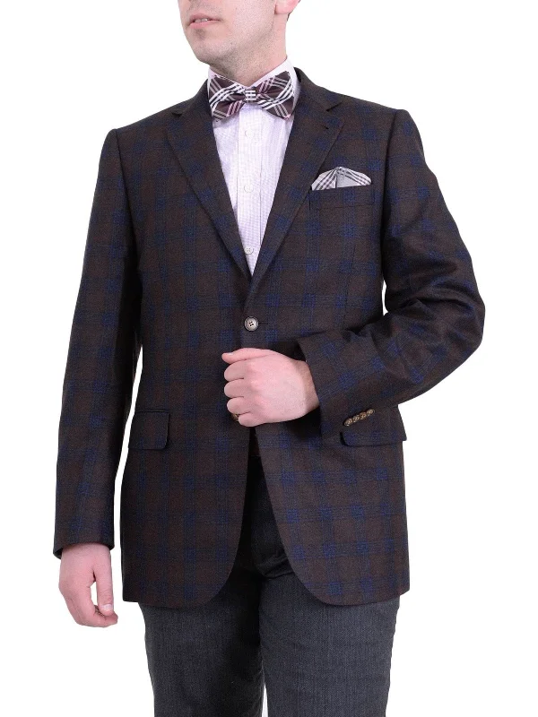 Men's Suits with Skinny LegsZanetti Regular Fit Brown Plaid Two Button Wool Blazer Sport Coat