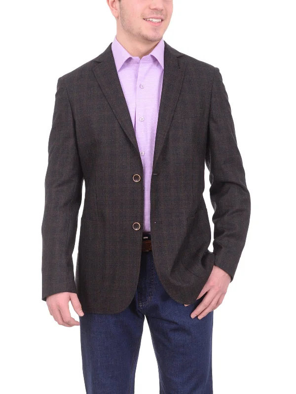 Essential Men's Business SuitsZanetti Modern Fit Brown Plaid Wool Blazer Sportcoat With Patch Pockets