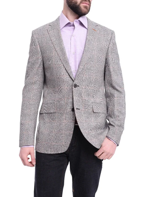 Men's Suits with Phone PocketsNapoli Slim Fit Black & White Plaid Half Canvassed Wool Blazer Sportcoat