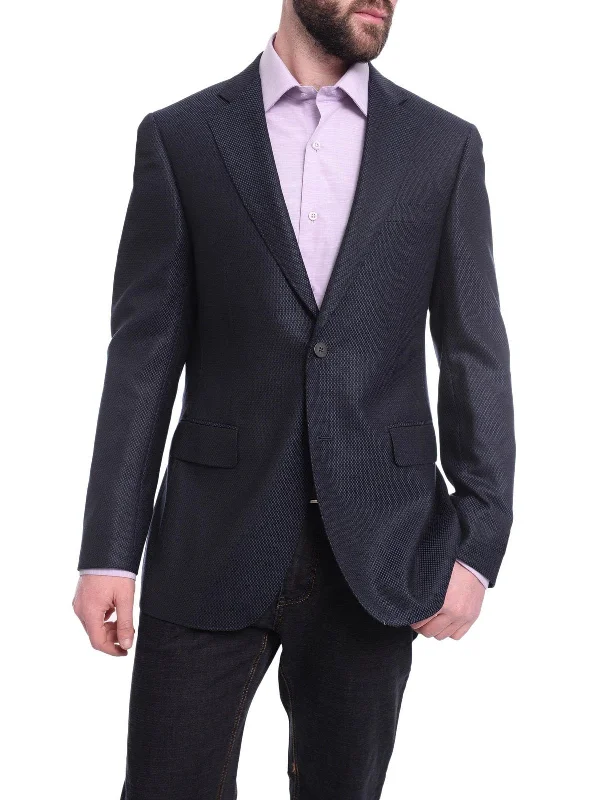 Men's Suits with Heavy-Duty ButtonsNapoli Slim Fit Navy Blue Textured Two Button Half Canvassed Reda Wool Blazer