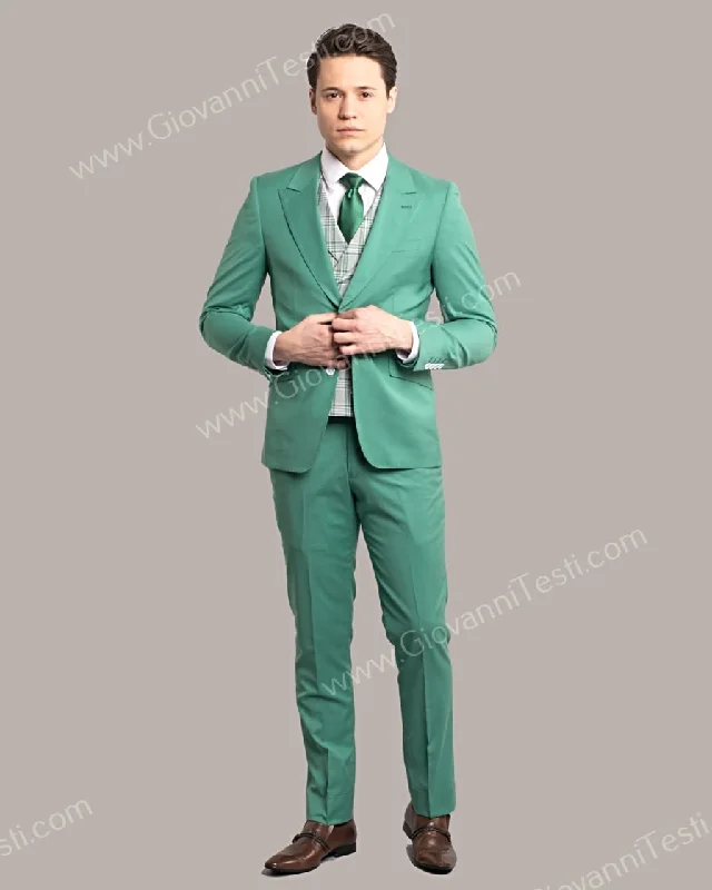 Giovanni Testi 2 Button Slim Fit Suit with Plaid Vest GT2DG+V-6817 Green