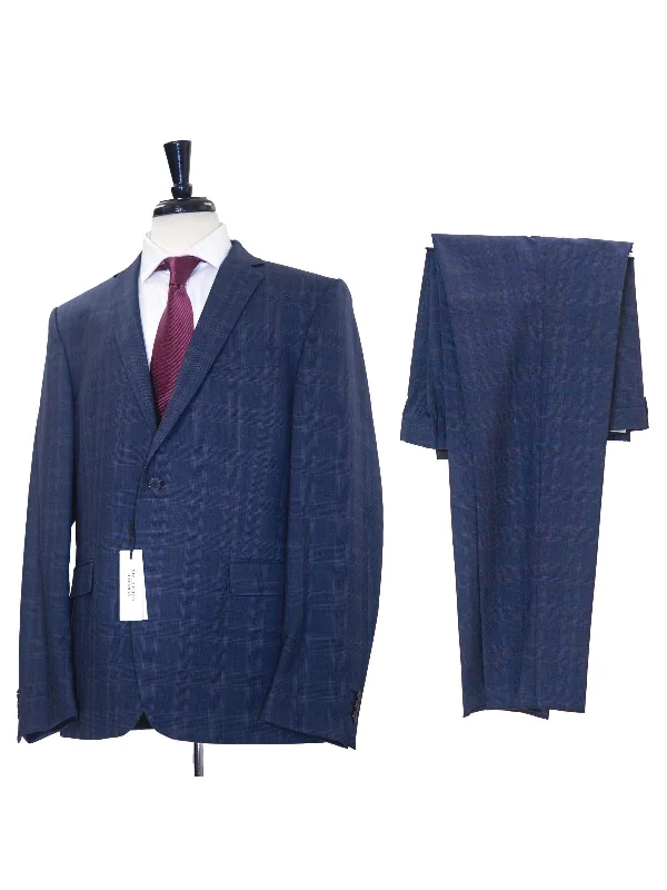 Versace Collection Mens 46R Drop 8 Navy Blue Plaid 100% Wool 2 Piece Suit