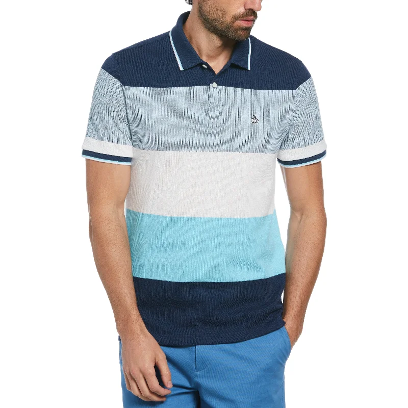 Men's Shirts with Roll-Up SleevesPique Color Block Stripe Pattern Polo