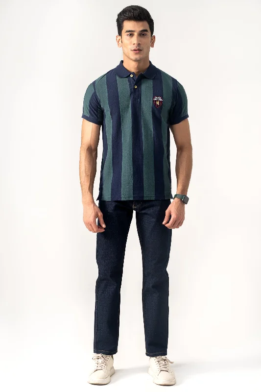 Men's Shirts with Abstract DesignsYARN DYED STRIPPER POLO GREEN NAVY