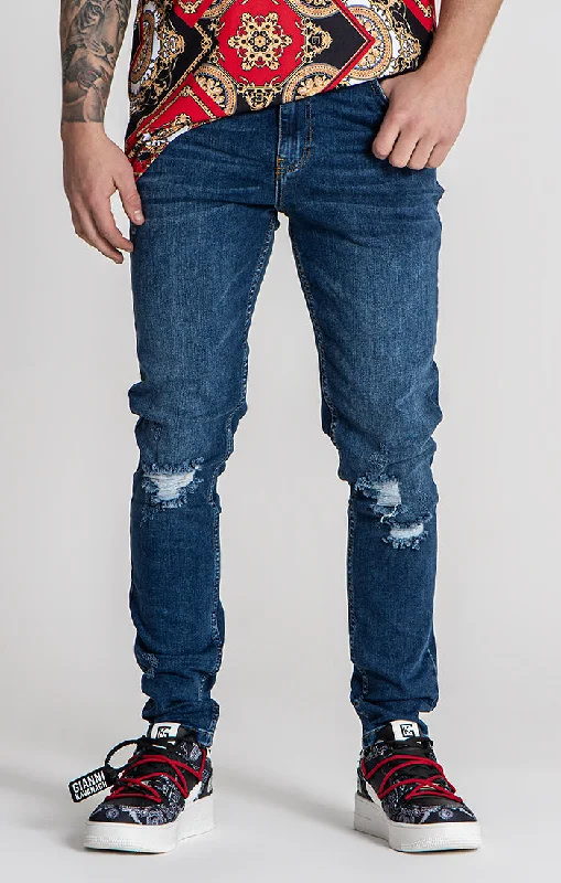 Men's Jeans with PocketsDark Blue Core Ripped Slim Fit Jeans