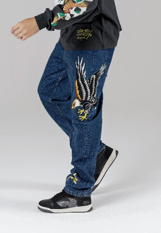 Authentic Raw Denim Men's JeansMens Golden-Eagle Tattoo Graphic Denim Trousers Jeans - Indigo