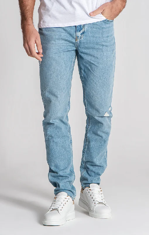 Yoked Back Men's JeansLight Blue Ripped Straight-Leg Jeans