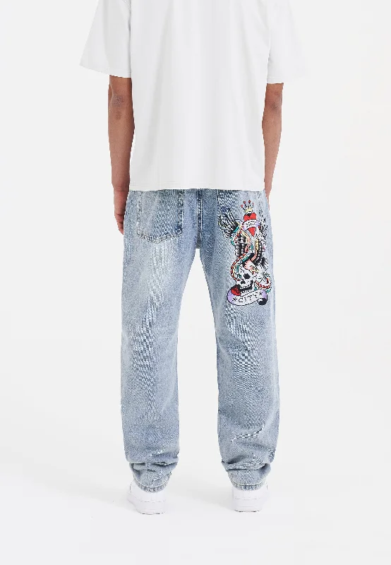 Wash and Wear Men's JeansMens Nyc-Skull Tattoo Graphic Denim Trousers Jeans - Bleach