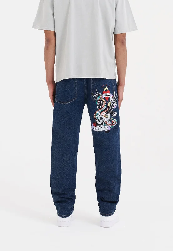 Relaxed-Fit Men's JeansMens Nyc-Skull Tattoo Graphic Denim Trousers Jeans - Indigo