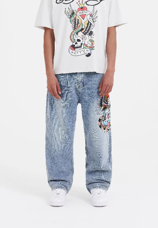 Men's Jeans with Stretch FabricMens Skull-Snake-Eagle Tattoo Graphic Denim Trousers Baggy Jeans - Bleach