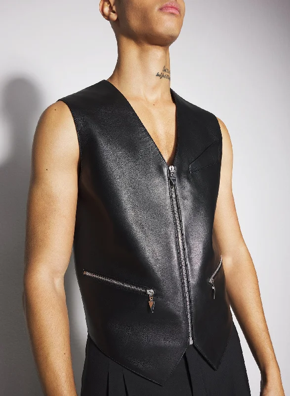 Men's Coats with Water-Repellent Fabricblack leather zipper vest