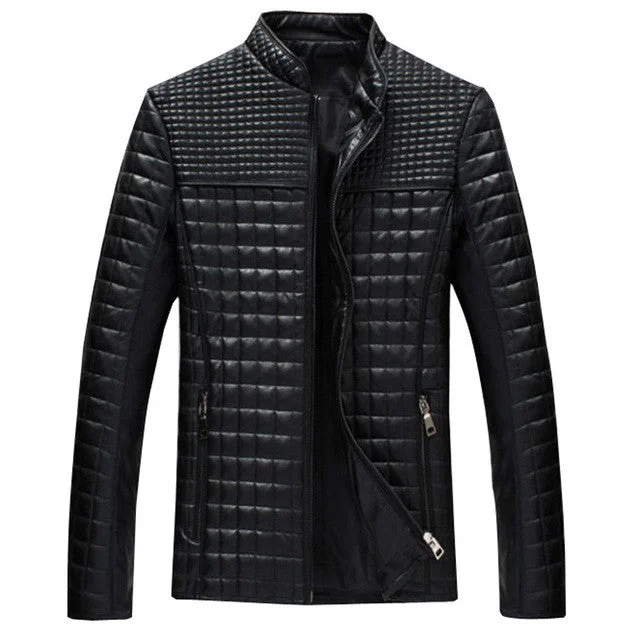 Casual Men's Bomber JacketsClassic Leather Jacket with Checkered Texture