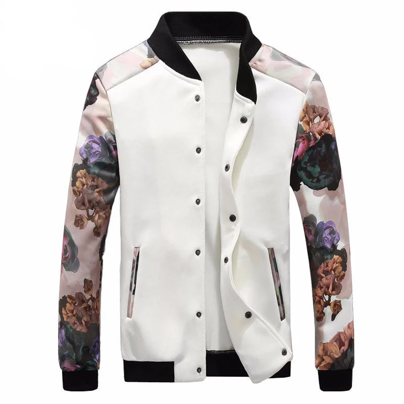 Lightweight Men's WindbreakersSpring Bomber Jacket with Flower Accent