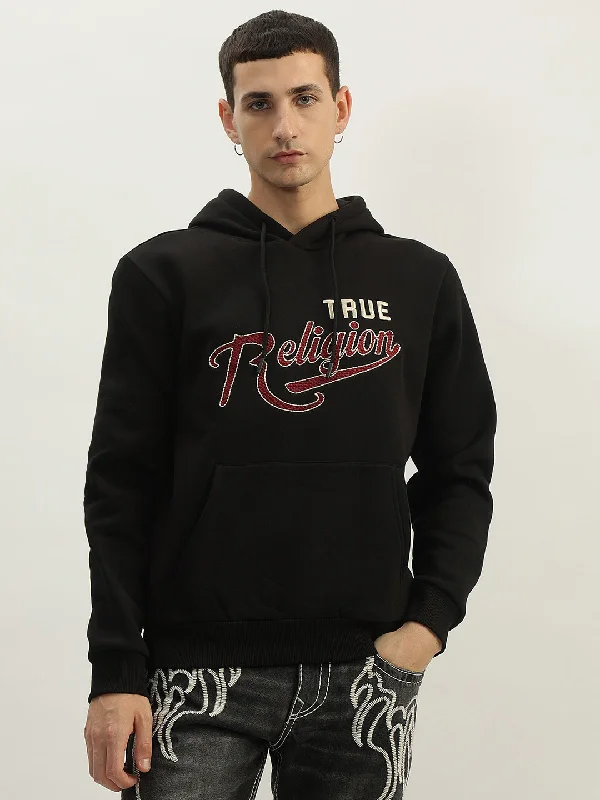 True Religion Men Black Embroidered Hooded Full Sleeves Sweatshirt