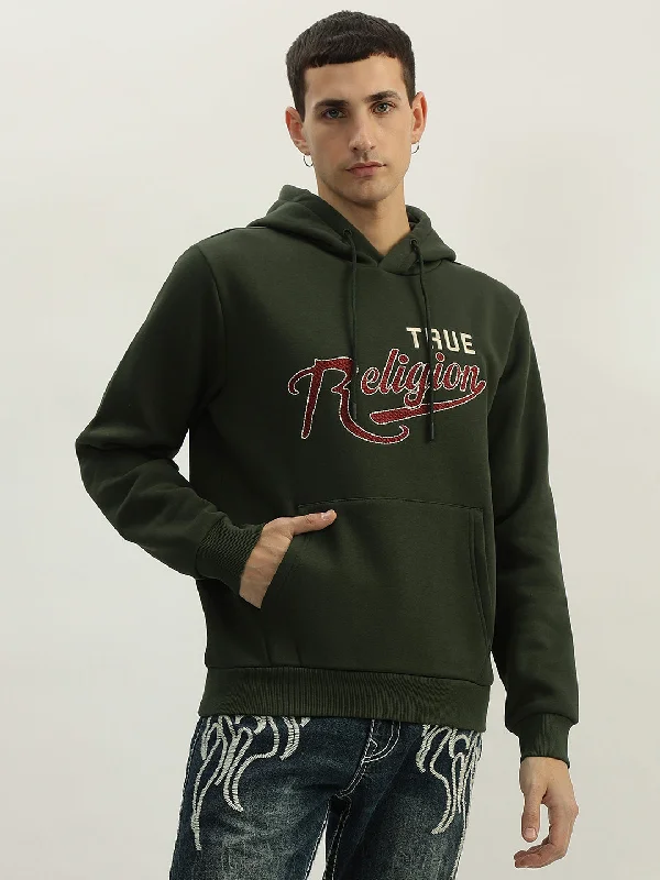 True Religion Men Green Embroidered Hooded Full Sleeves Sweatshirt