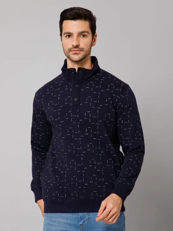 Sports-Inspired High-Performance Men's SportswearPrinted Navy Blue Full Sleeves Mock Collar Regular Fit Casual Sweatshirt for Men